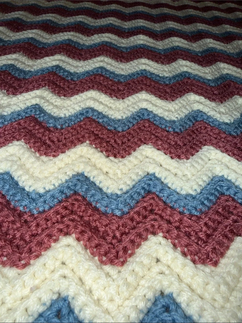 Handmade Chevron Crochet Throw - Cream, Dusty Blue & Burgundy